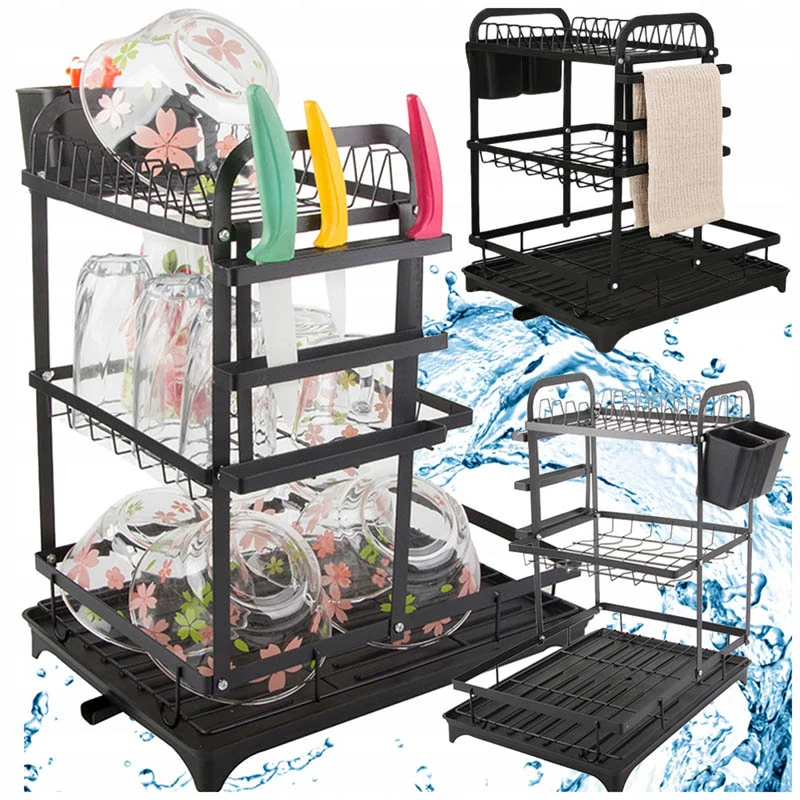 Trojposchodový kovový odkvapkávač na riad s plastovou táckou