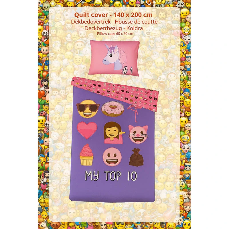 Posteľná bielizeň Emoji My Top 10 – 140 × 200 cm + 60 × 70 cm, fialovo-ružová