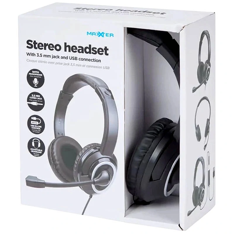 Slúchadlá s mikrofónom Maxter Stereo Headset – čierne, USB + 3,5 mm jack