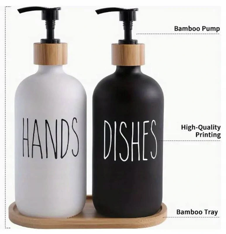 Kuchynské sklenené dávkovače na mydlo a čistiaci prostriedok s bambusovou táckou