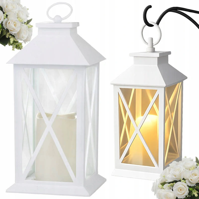 Dekoratívny LED lampáš s elektrickou sviečkou na batérie biely