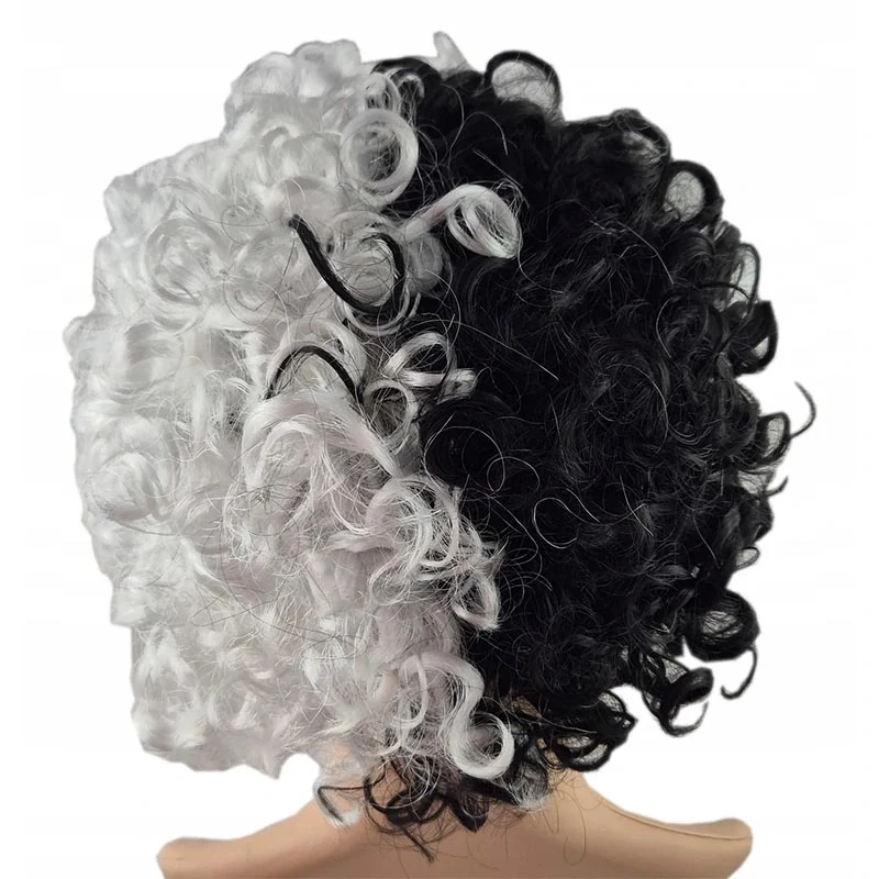 Dvojfarebná karnevalová parochňa čierno-biela kučeravá – syntetická, dĺžka 15–20 cm