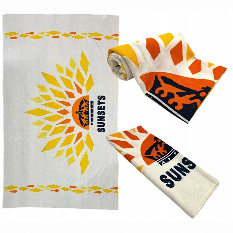 Veľký tkaný uterák z organickej bavlny SUNSETS – béžovo-oranžový vzor, 100 × 170 cm
