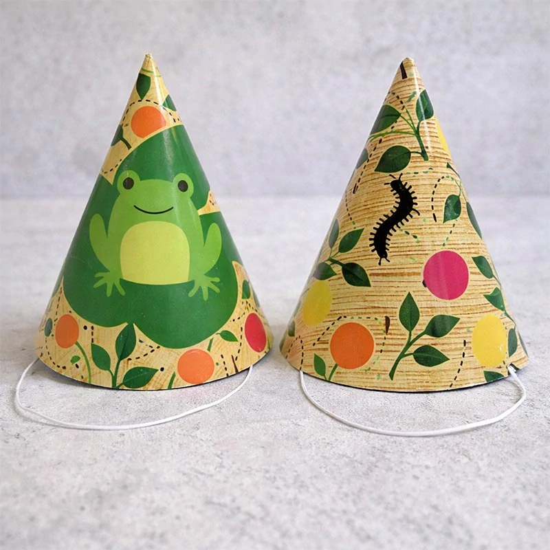 Party klobúky Žabka 18 × 12 cm – zeleno-žltý motív, balenie 6 ks