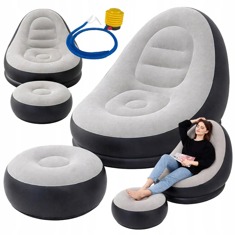 Nafukovacie záhradné kreslo s podnožkou sivé