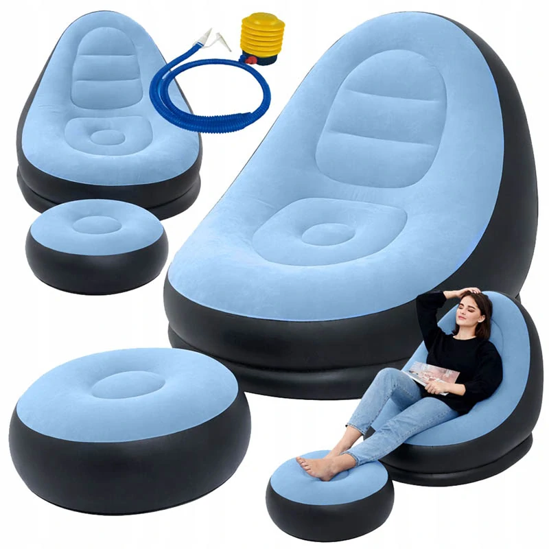 Nafukovacie záhradné kreslo s podnožkou modré