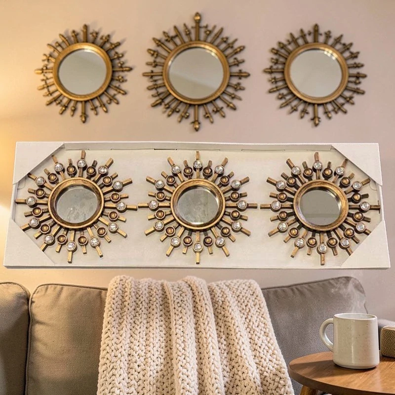 Sada 3 okrúhlych nástenných zrkadiel bronzovej farby s dekoratívnymi kameňmi