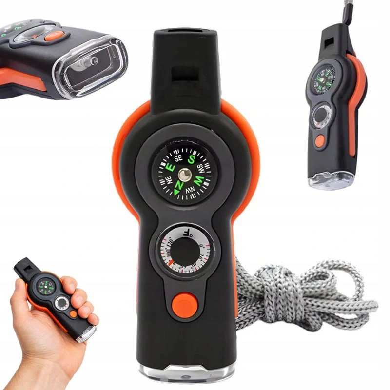 Píšťalka s kompasom, baterkou, lupou, zrkadlom a teplomerom