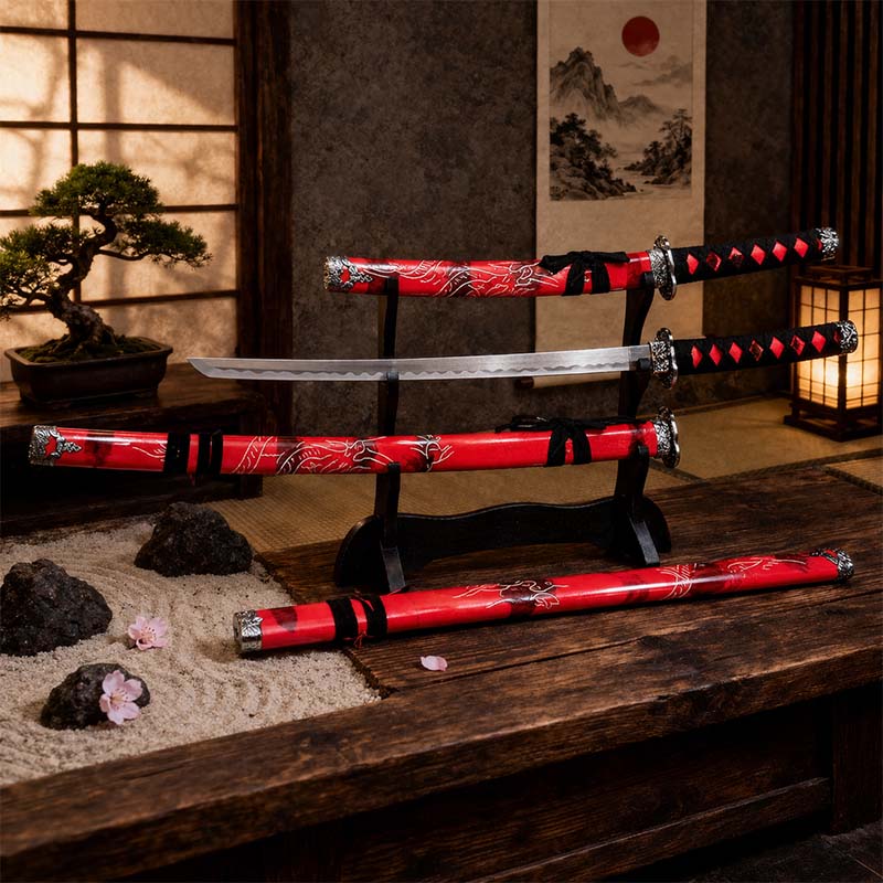 Dekoračná sada 3 japonských mečov katana s červeným puzdrom a stojanom
