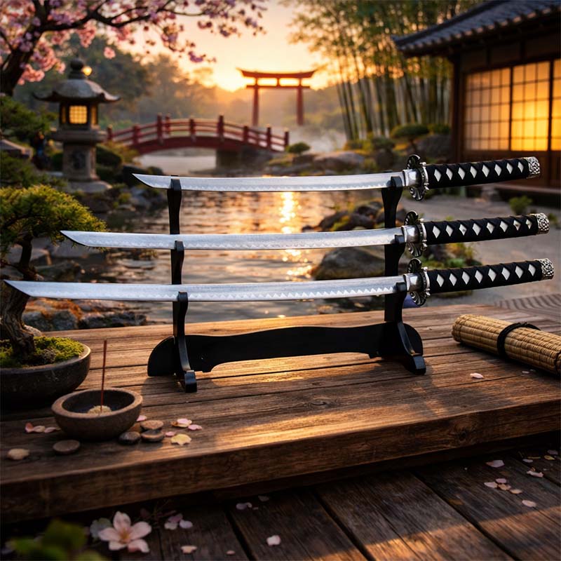 Dekoračná sada 3 japonských mečov katana s bielym puzdrom a stojanom