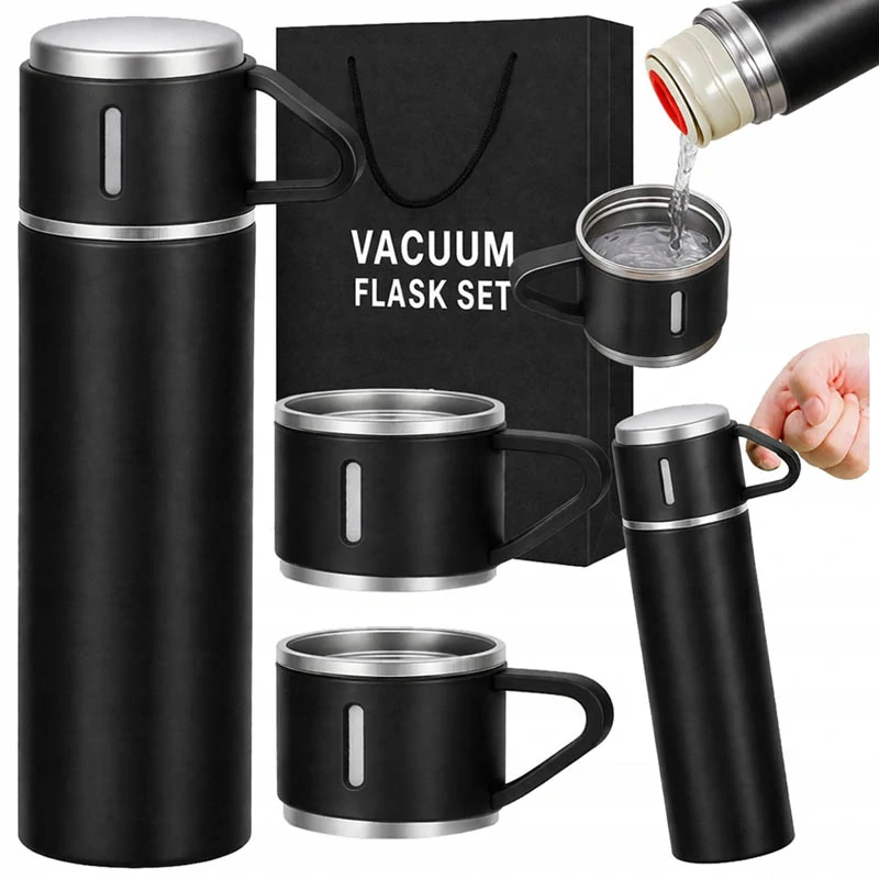 Termoska 400 ml s 3 pohármi čierna