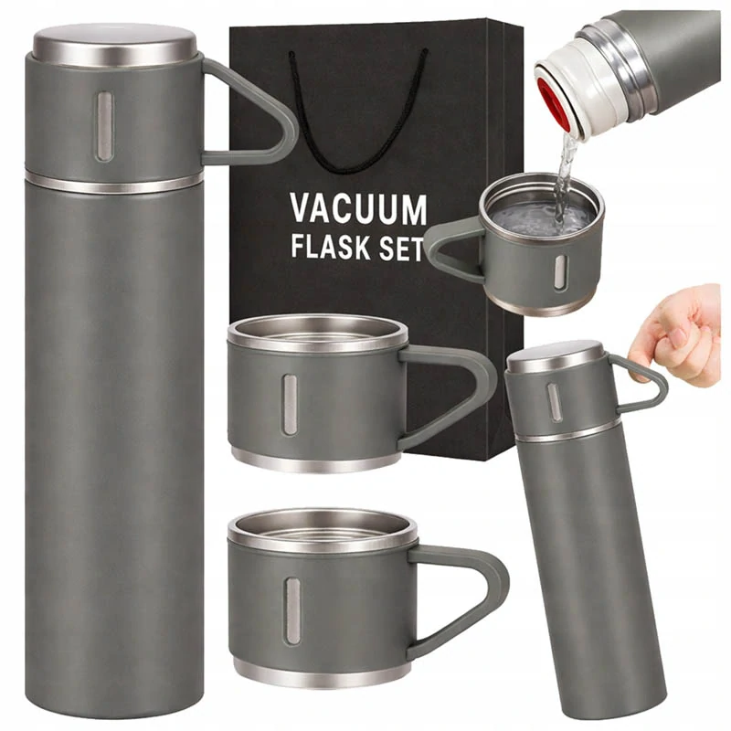 Termoska 400 ml s 3 pohármi sivá