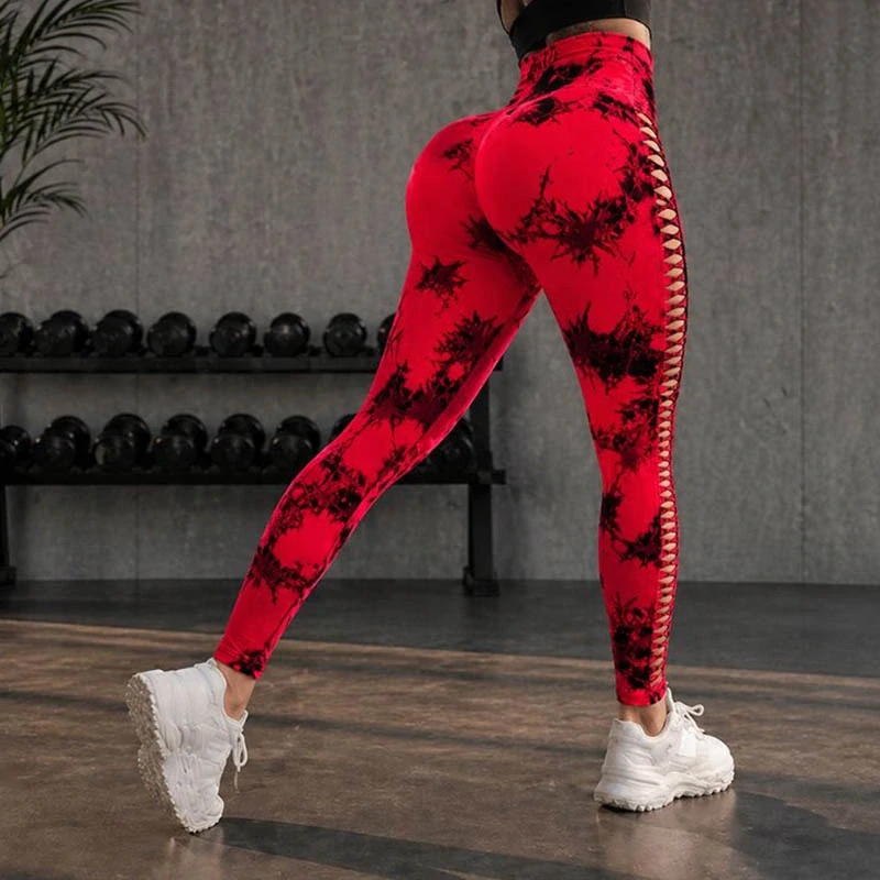Dámske legíny push up mramorový vzor S/M červené