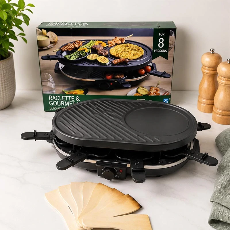 Raclette gril pre 8 osôb s panvičkami – stolné grilovanie a zapekanie