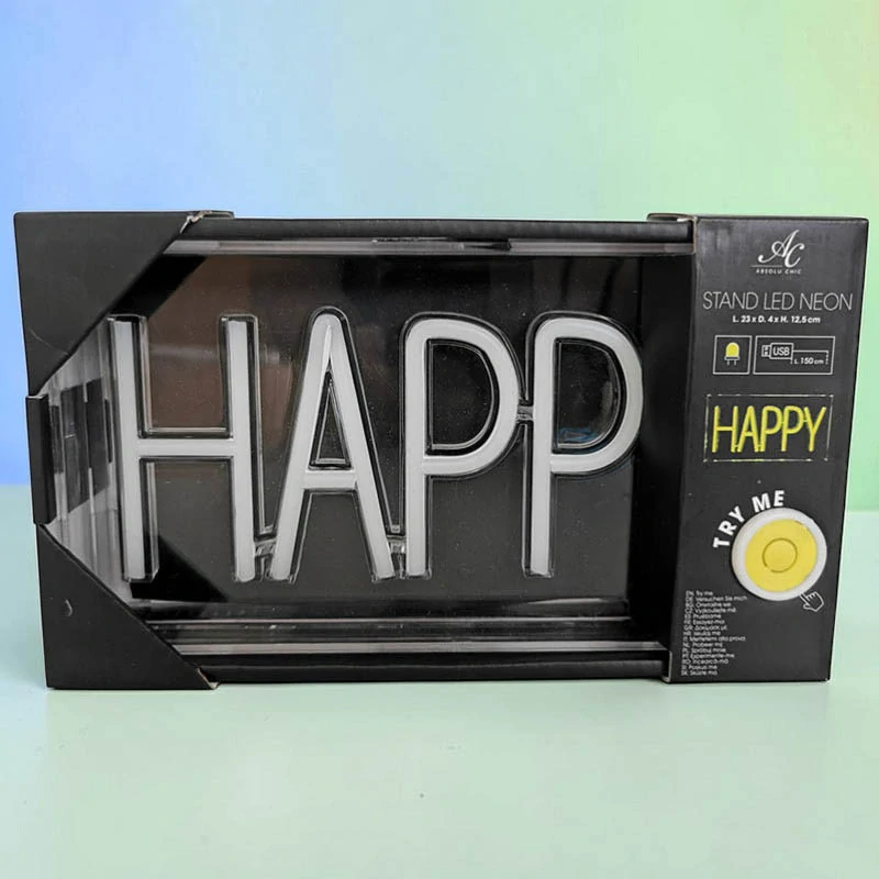 LED neónový nápis HAPPY – svietiaca dekorácia do interiéru