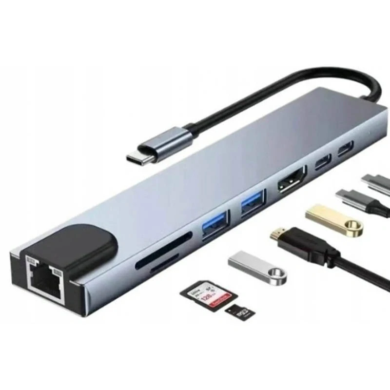 USB-C HUB 8 v 1 s HDMI, USB 3.0, LAN, SD a microSD