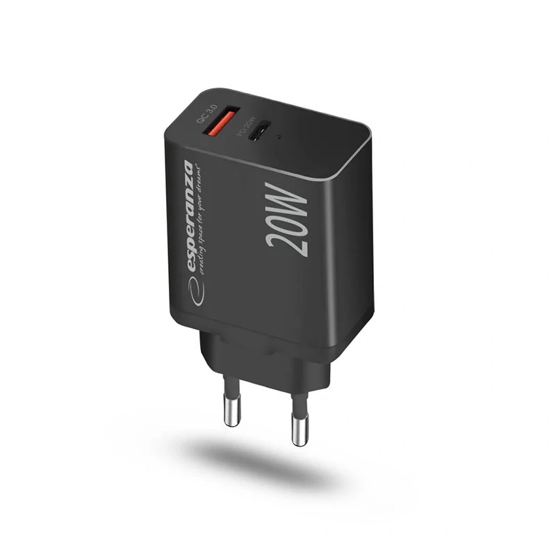 Sieťová nabíjačka 20 W Esperanza USB-C PD a USB-A QC 3.0 čierna