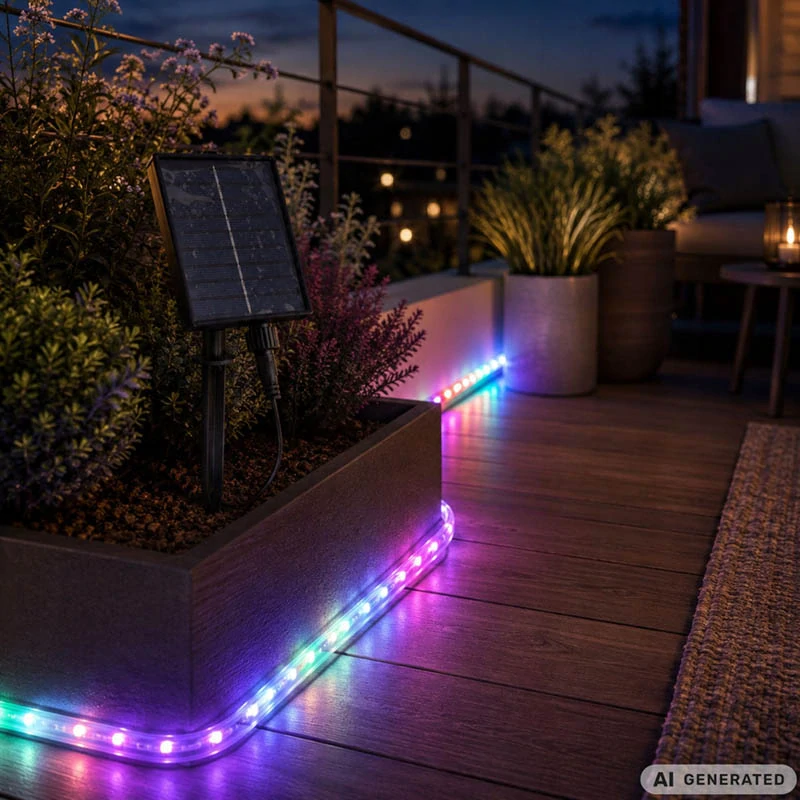 Solárny RGB LED pás 5 m IP65 s diaľkovým ovládaním a časovačom