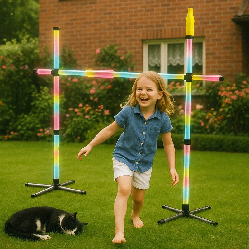LED hra 2 v 1 Limbo a hádzanie frisbee na fľaše