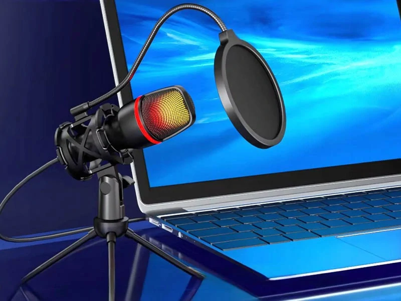 USB štúdiový mikrofón s RGB podsvietením, statívom a pop filtrom