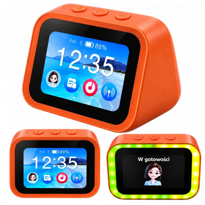 Inteligentný AI budík s dotykovým displejom, Bluetooth a reproduktorom oranžový