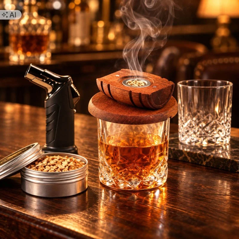 Sada na aromatizovanie whisky dymom s horákom pohármi a 6 druhmi dreva