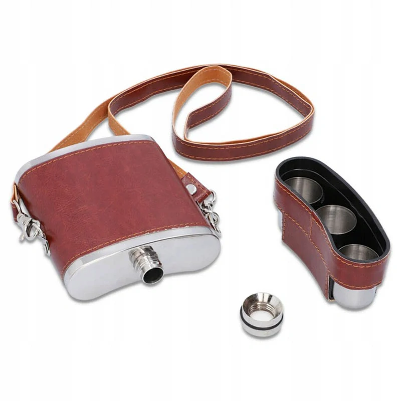 Ploskačka nerezová 240ml kožená s pohárikmi