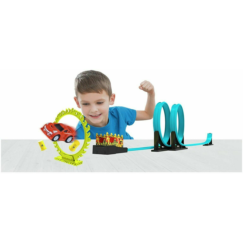 Pretekárska dráha Toxic Waster s dvojitým loopingom a autíčkom – modrá, 61 × 23 × 6 cm