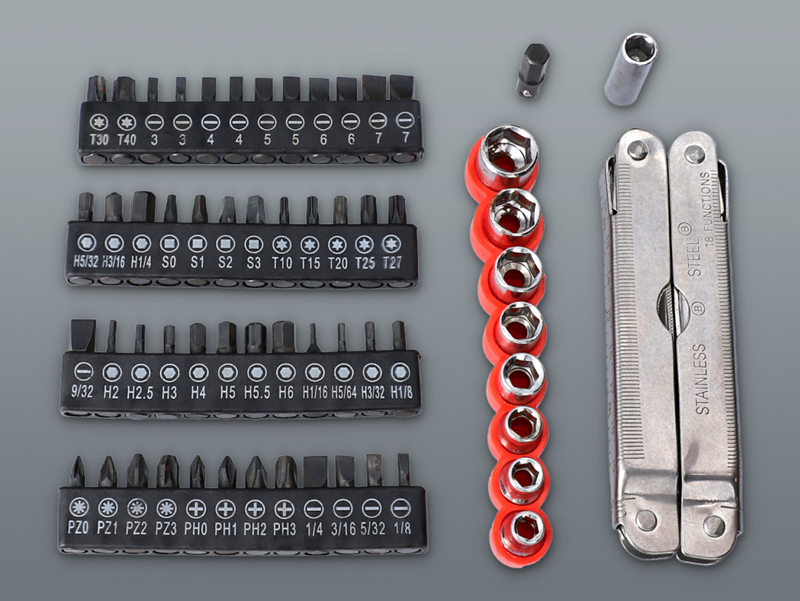 Multifunkčné kliešte a sada bitov a nástrčkových kľúčov
