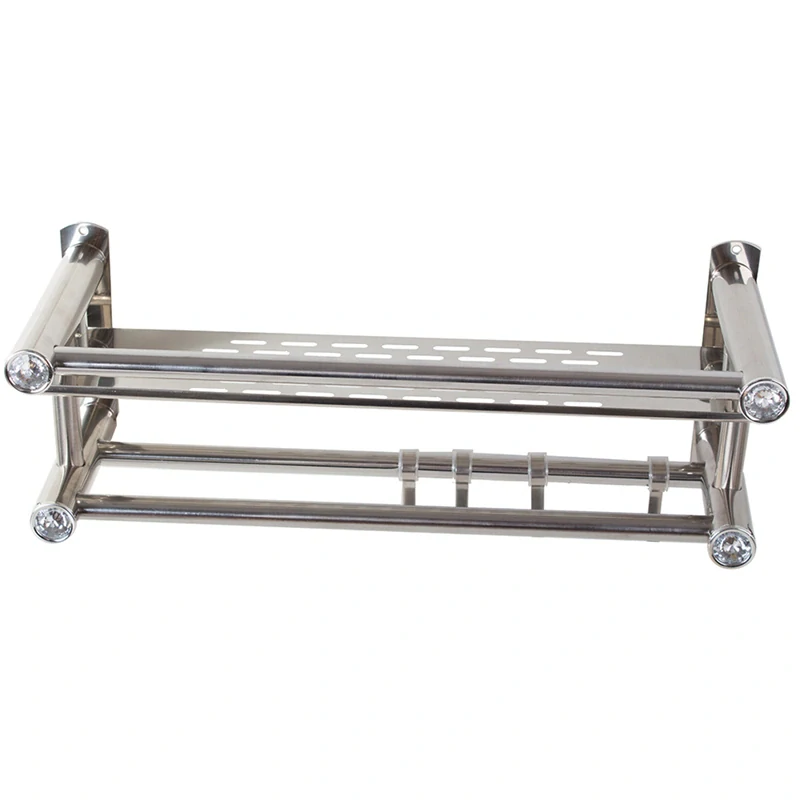 Nástenná polička do kúpeľne hliníková so závesnou tyčou a háčikmi strieborná