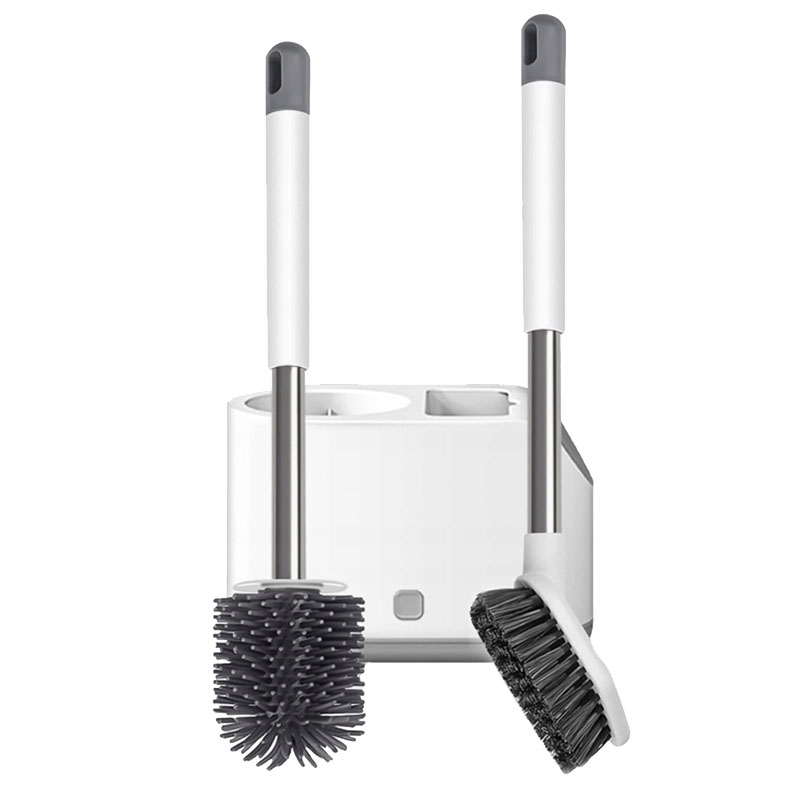 Toaletná kefa 2v1 so stojanom – silikónová a nylonová kefa na WC a kúpeľňu