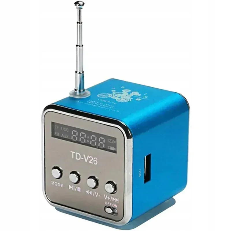 Bezdrôtové prenosné mini FM LED rádio TD-V26 modré
