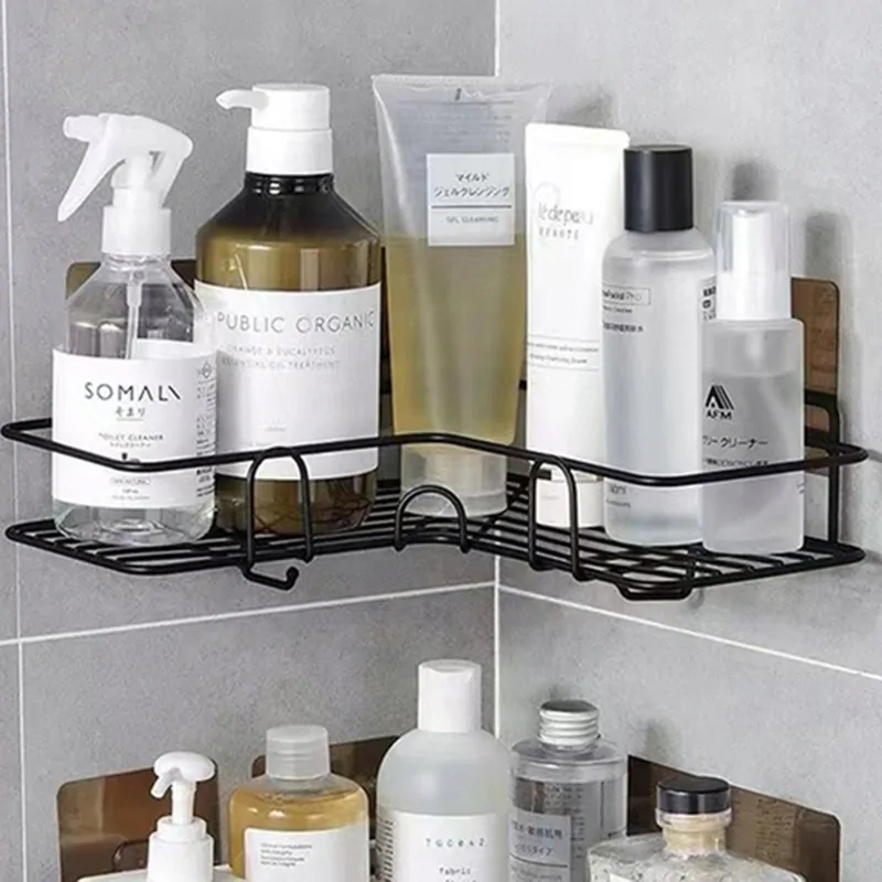 Rohová kovová polička s háčikmi do kuchyne a kúpeľne 26x11x6cm