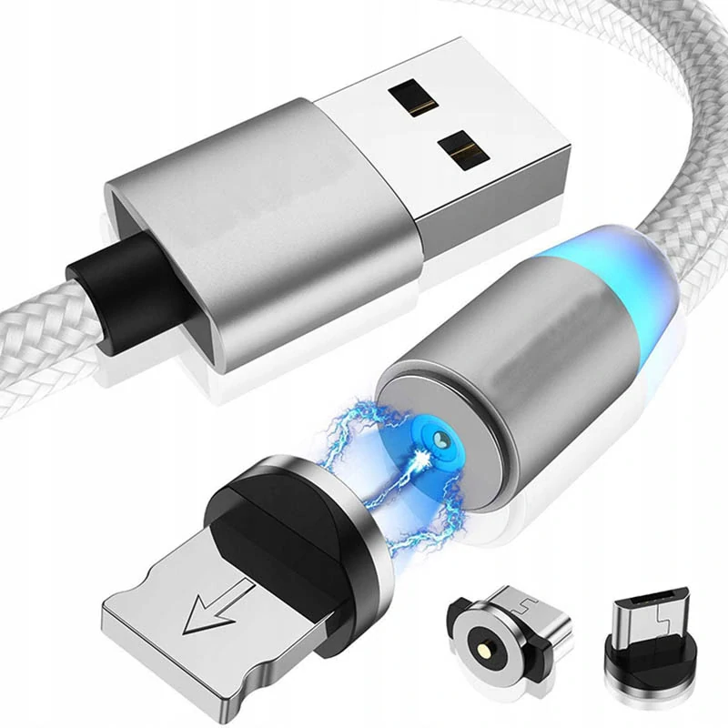 Magnetický kábel USB 3v1 iPhone, Micro USB, USB C 1m strieborný