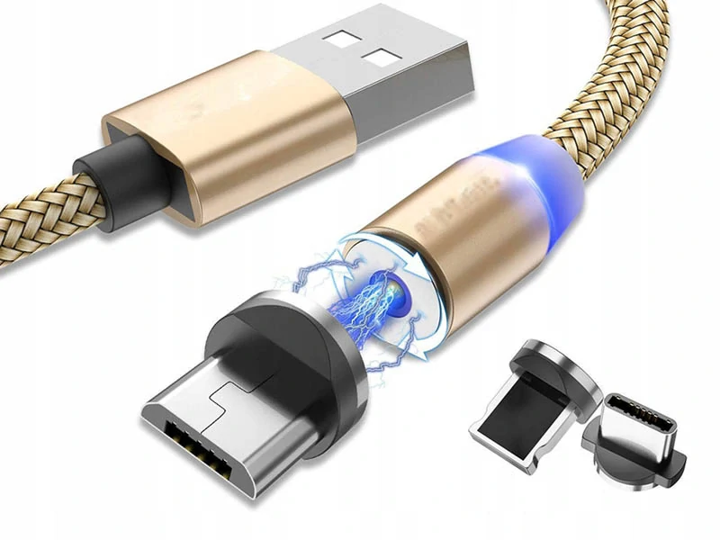 Magnetický kábel USB 3v1 iPhone, Micro USB, USB C 1m zlatý