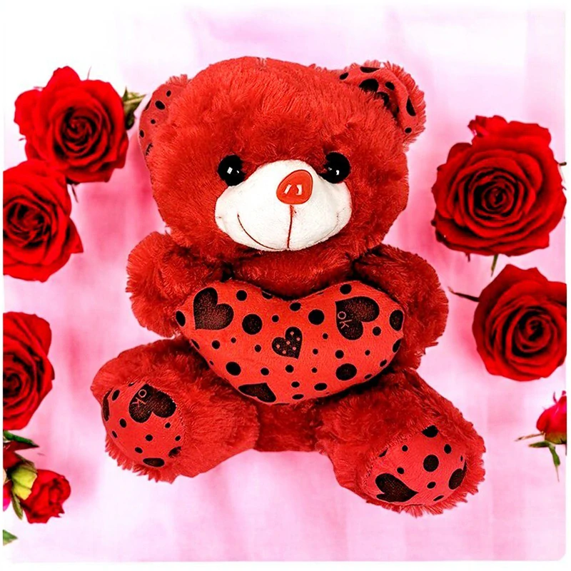 Medveď plyšový v darčekovom vrecku a stuhou so srdiečkami