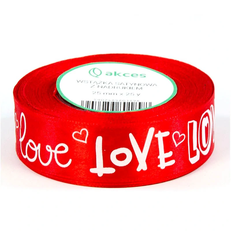 Stuha 23,7 m x 2,5 cm - červená s bielymi nápisom Love