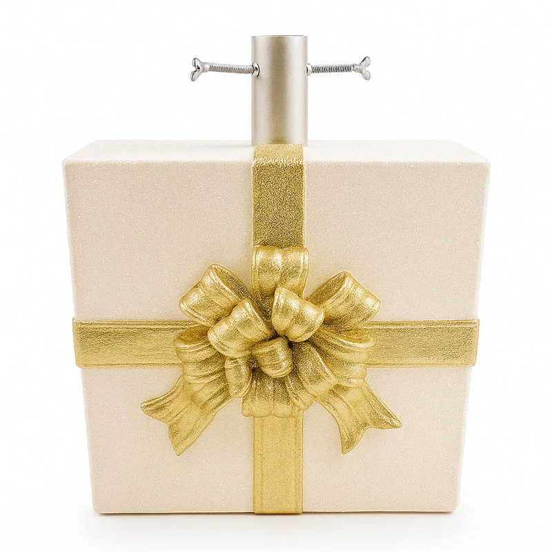 Dekoratívny stojan na vianočný stromček v tvare darčeka – krémový, 25 × 20,5 × 31,5 cm