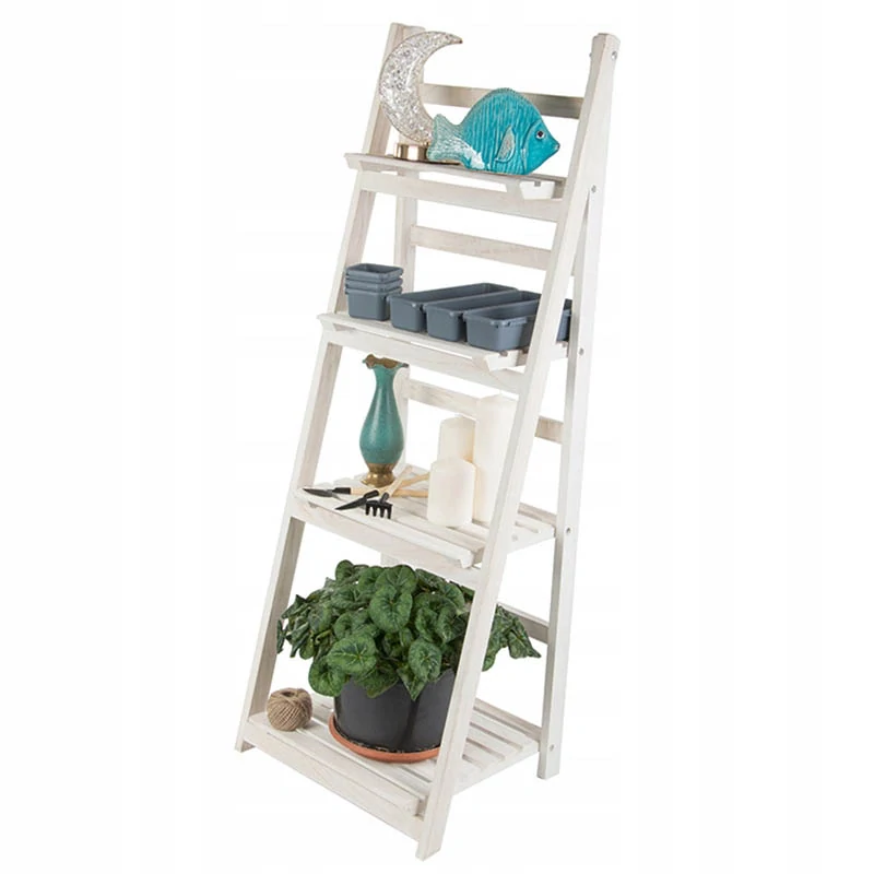 Drevený stojan na kvety rebrík 102cm so 4 policami biely