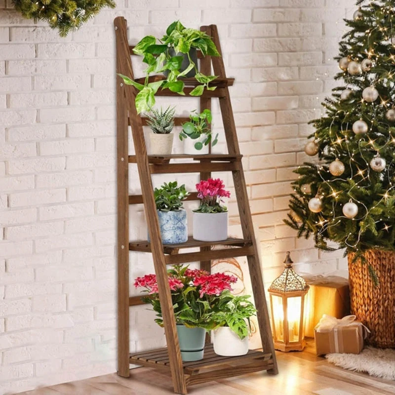 Drevený stojan na kvety rebrík 102cm so 4 policami hnedý