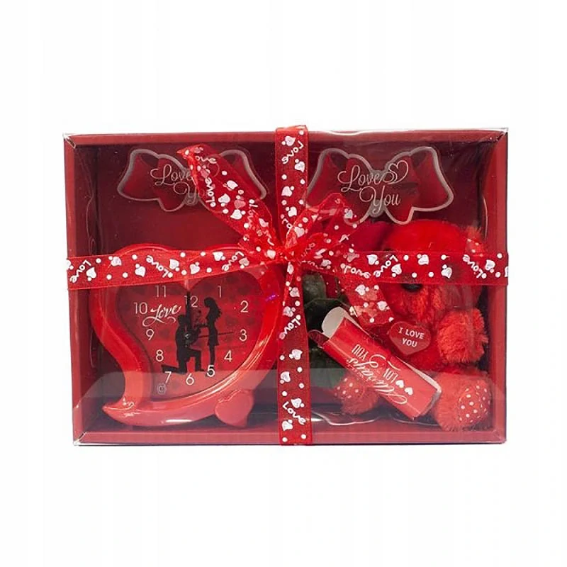 Valentínsky darčekový set s medvedíkom, ružou a hodinkami – 21 x 15 x 9 cm