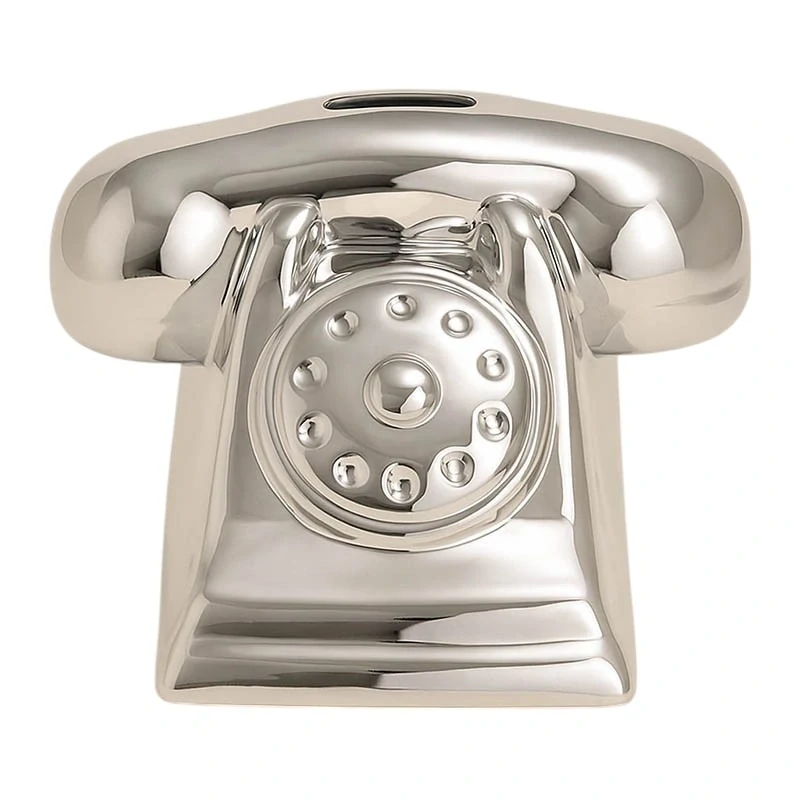Keramická pokladnička v tvare retro telefónu – strieborná: 18 x 13 x 13 cm