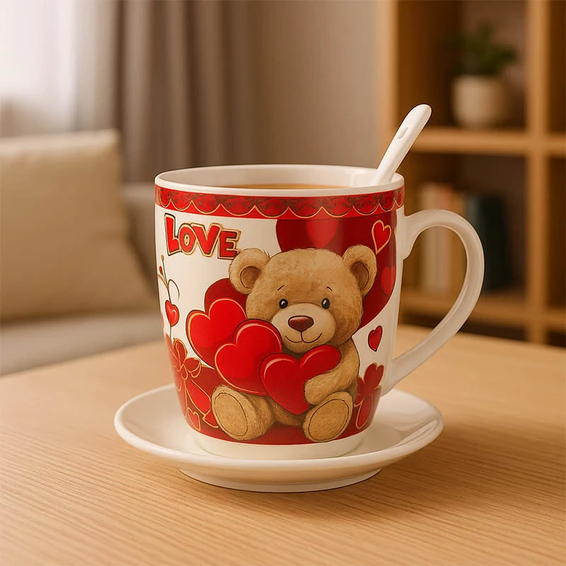 Darčekový hrnček so srdiečkami a medvedíkom – s pokrývkou a lyžičkou: objem 300 ml