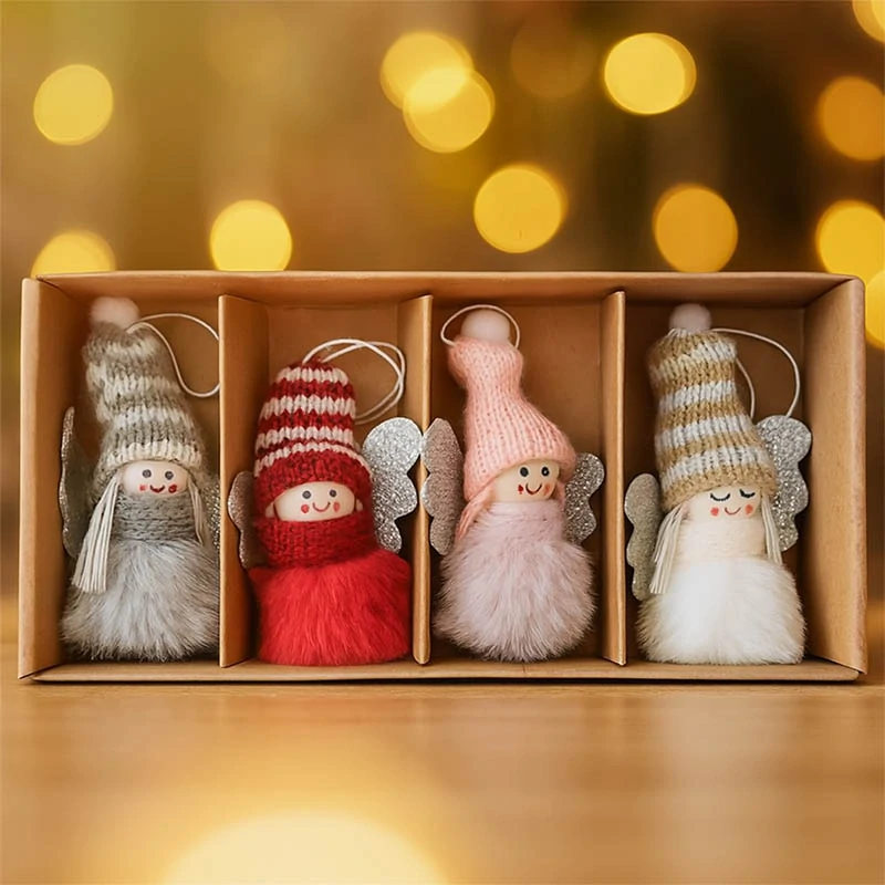 Vianočné ozdoby bábiky s pletenými čiapkami a krídelkami – 4 ks, výška 9 cm