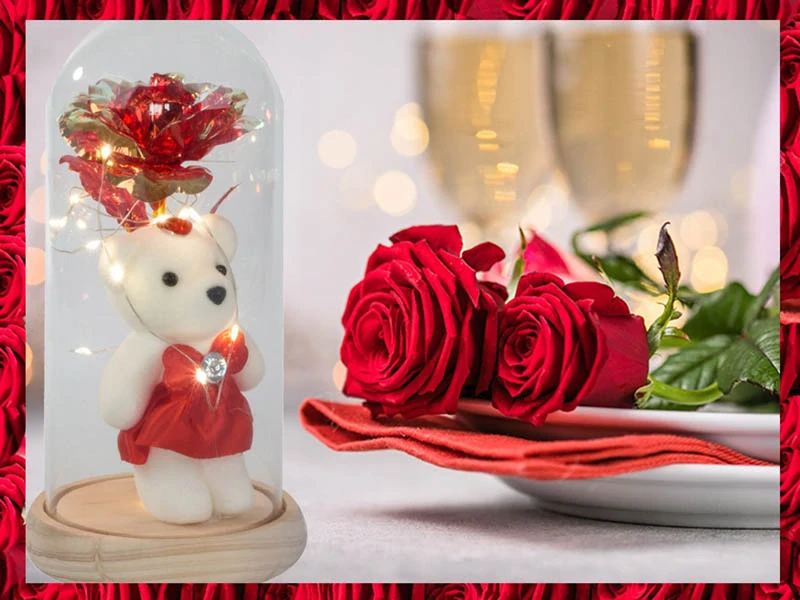 LED ruža v skle svietiaca s medvedíkom