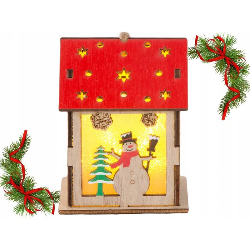 Drevený visiaci LED lampáš na stromček so snehuliakom