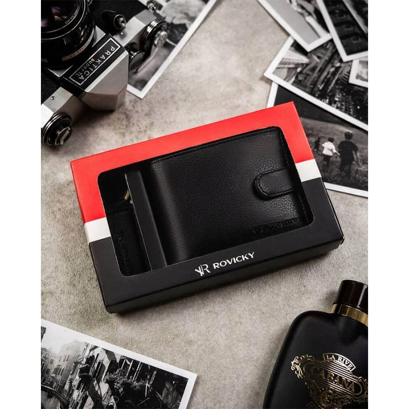 Darčeková sada Rovicky® – pánska peňaženka a kľúčenka z pravej kože - čierna