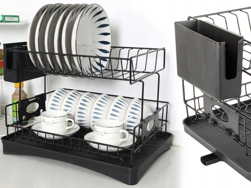 Dvojposchodový odkvapkávač na riad s táckou a priehradkami