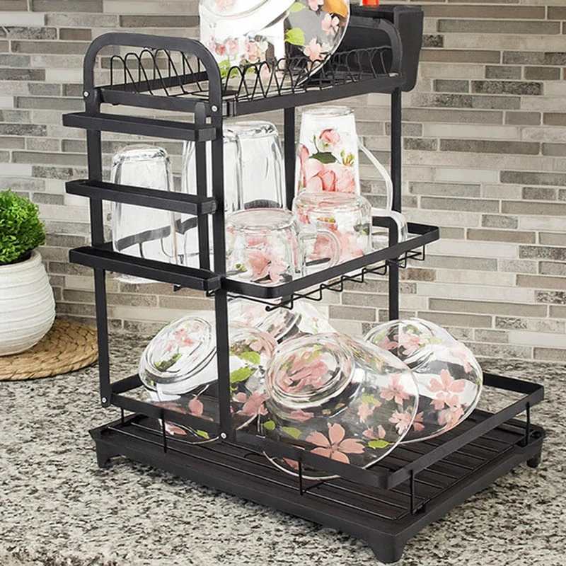 Trojposchodový kovový odkvapkávač na riad s plastovou táckou