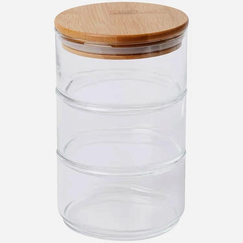 Trojposchodová sklenená nádoba s bambusovým vekom 20 × 10 cm